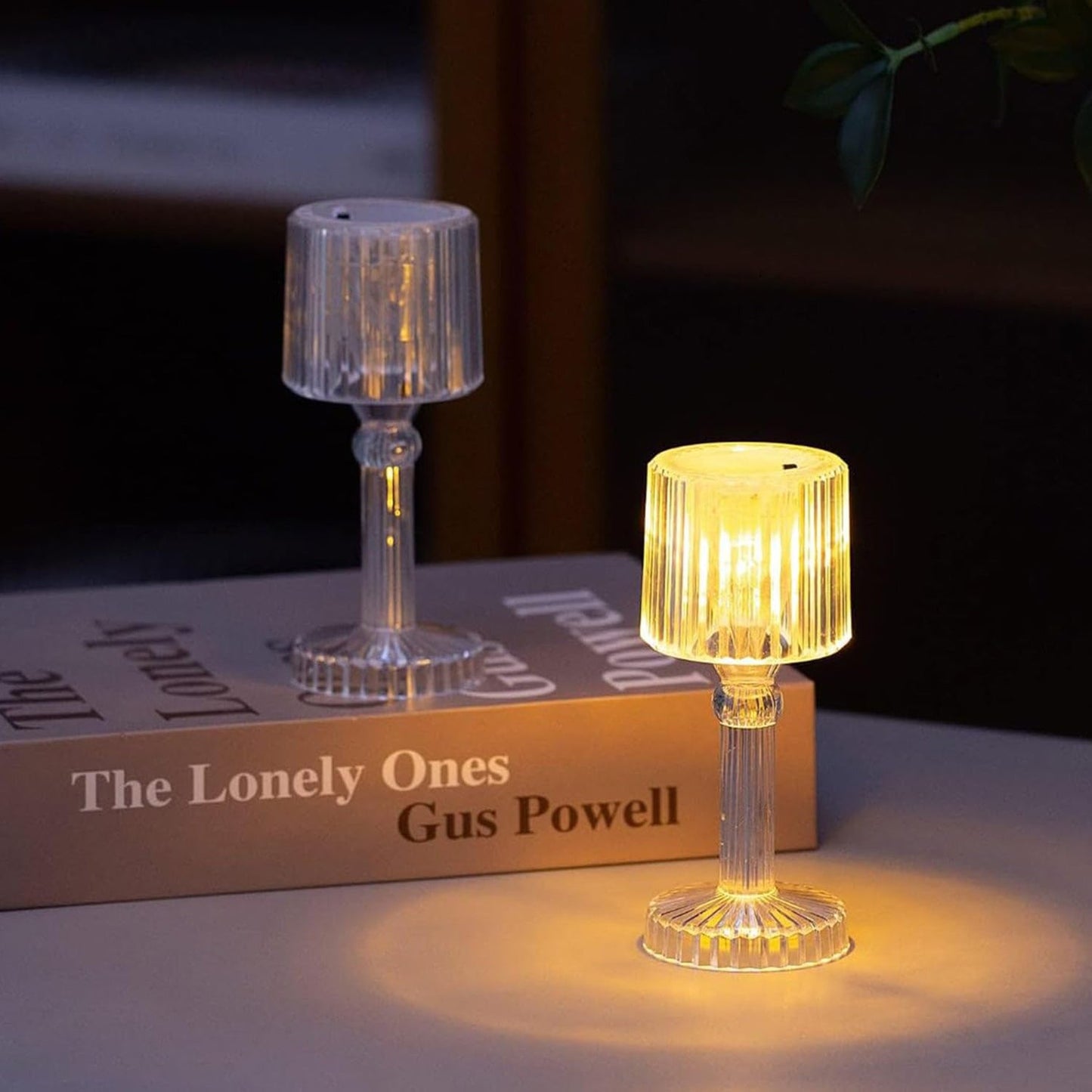 Set of decorative LED crystal-effect table lamps providing flameless lighting