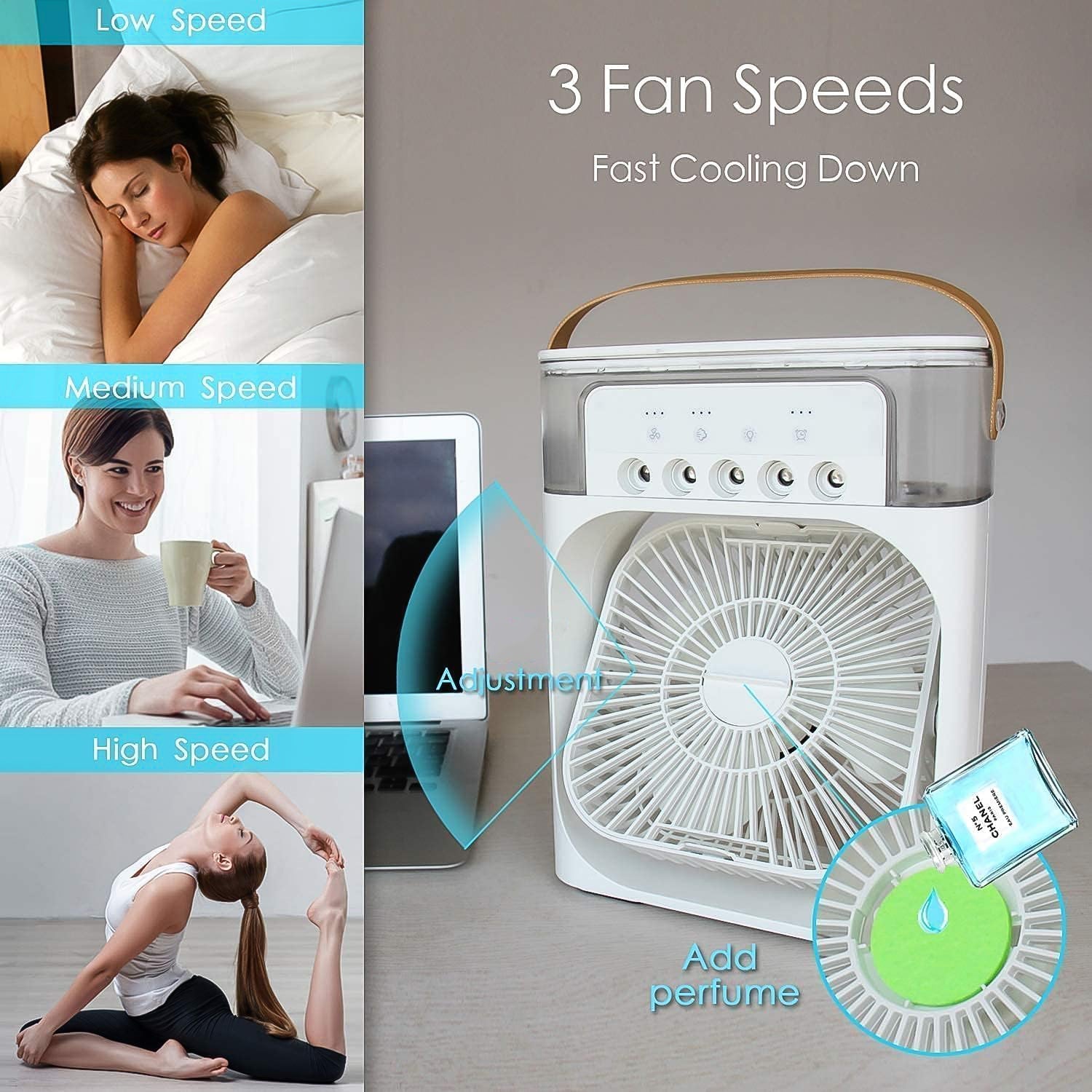 IcyLume portable fan with water tank and adjustable airflow