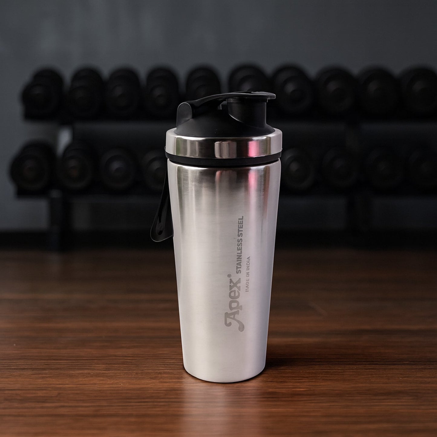 Apex branded stainless steel gym shaker bottle with measurement markings