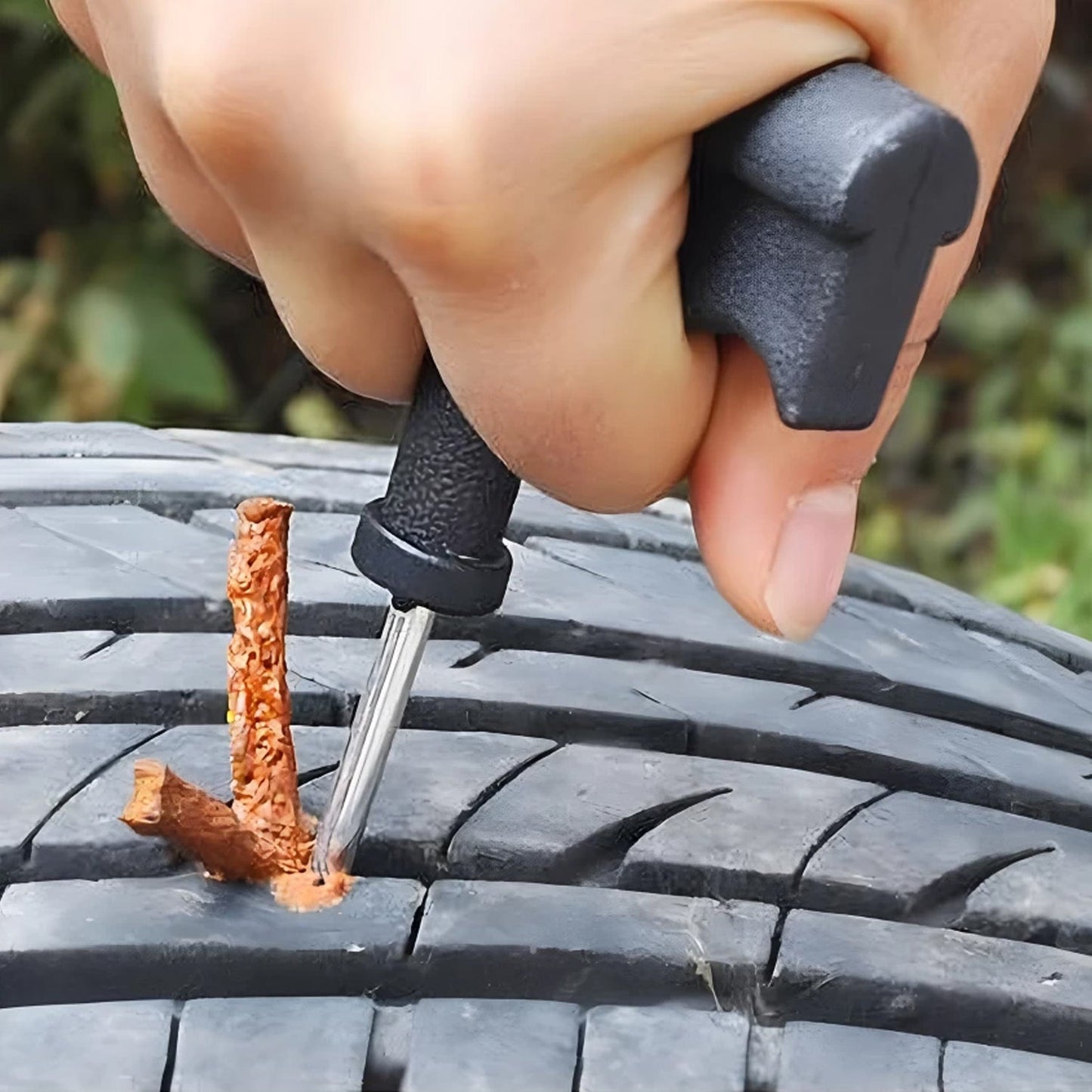 Close-up of enduro seal tire repair strip for cars and bikes