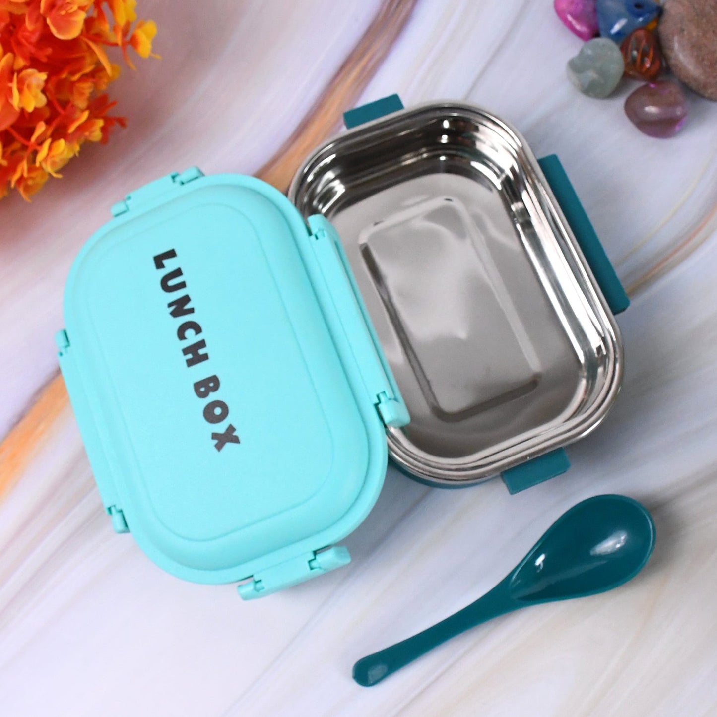 Compact stainless steel lunch box fitting easily in school backpack