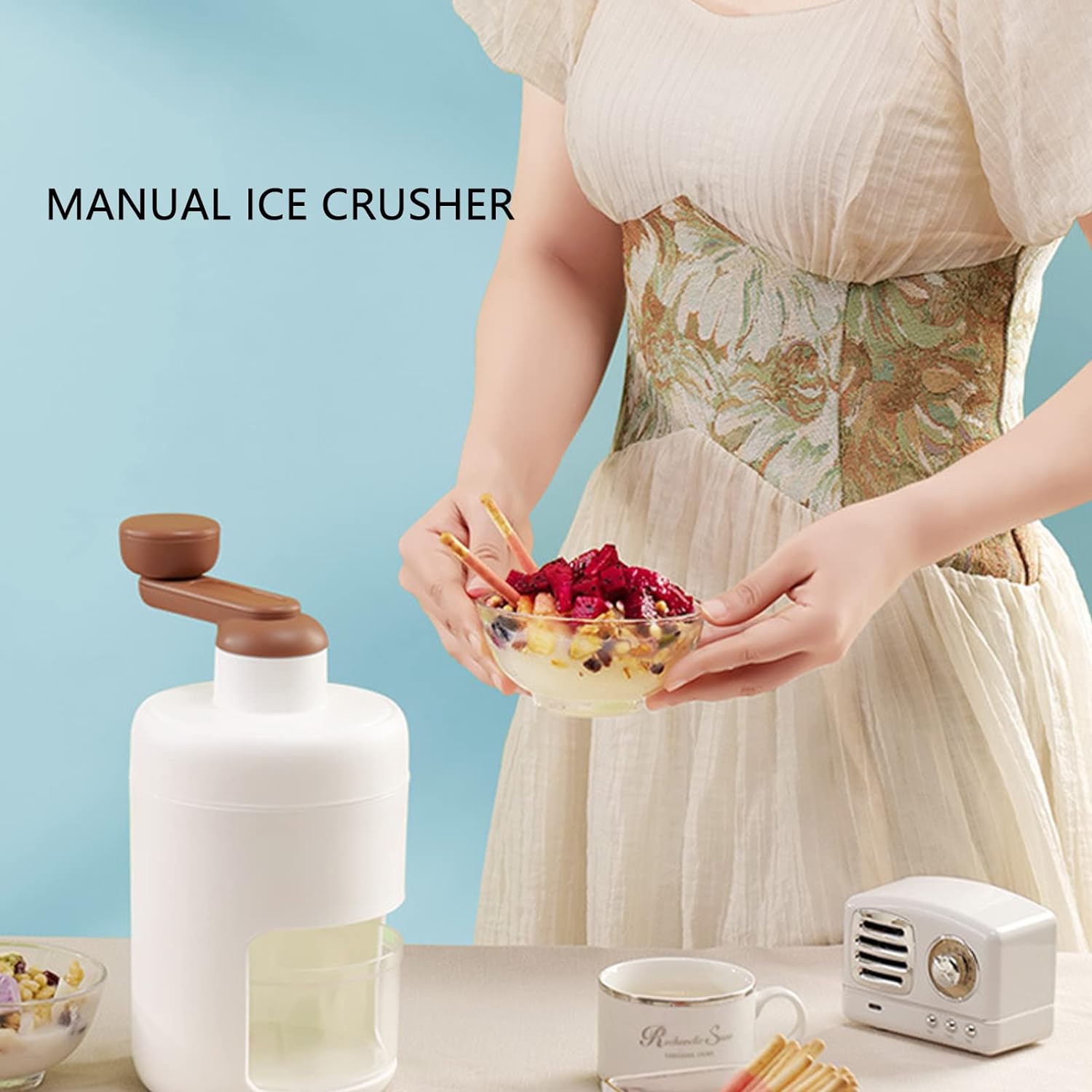 A mini household ice crusher, hand-operated for making perfect shaved ice.