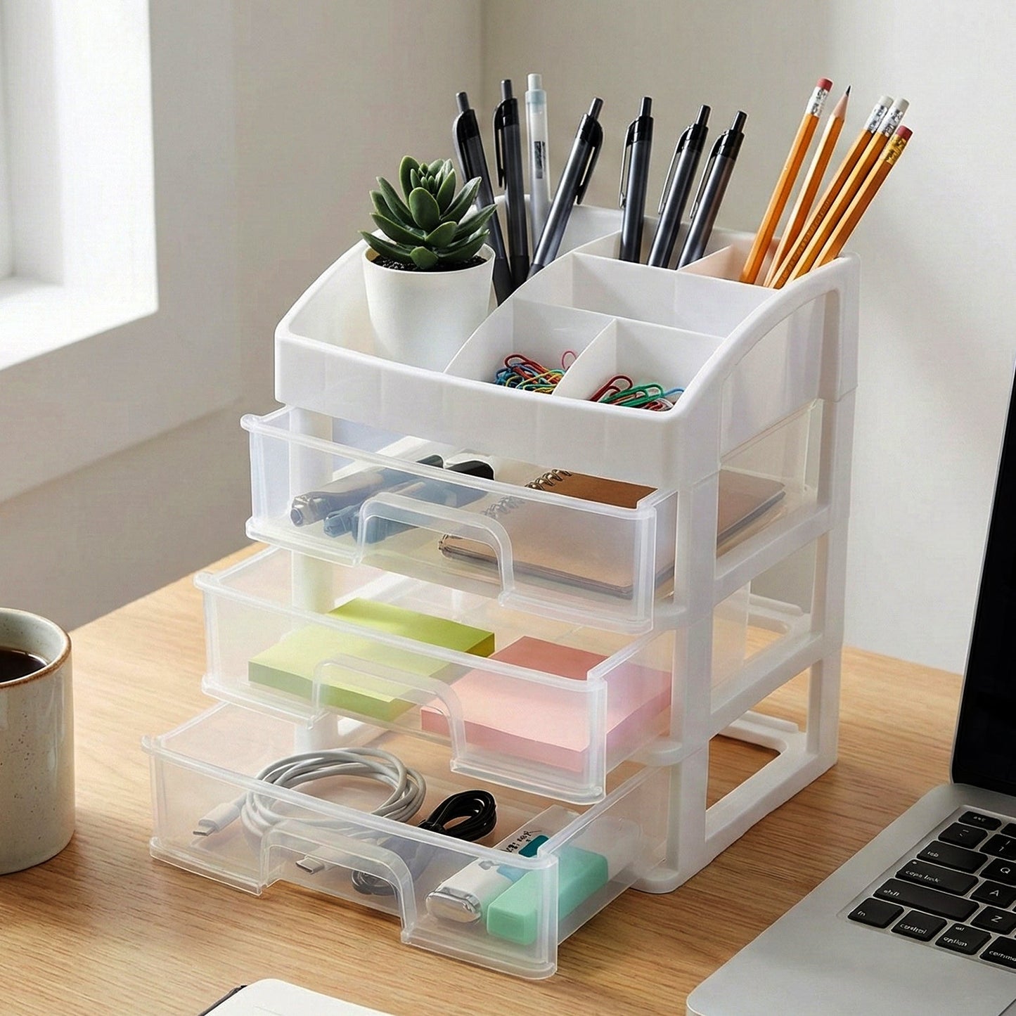 Plastic storage drawer section of the 3 layer desktop organizer