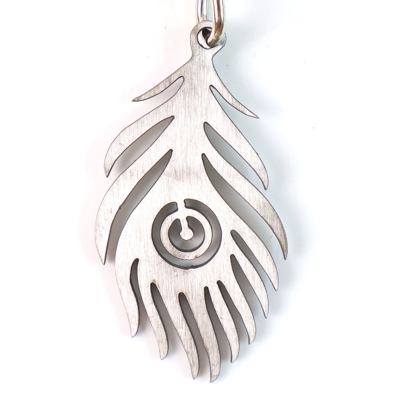 Designer silver stainless steel metal peacock feather keychain