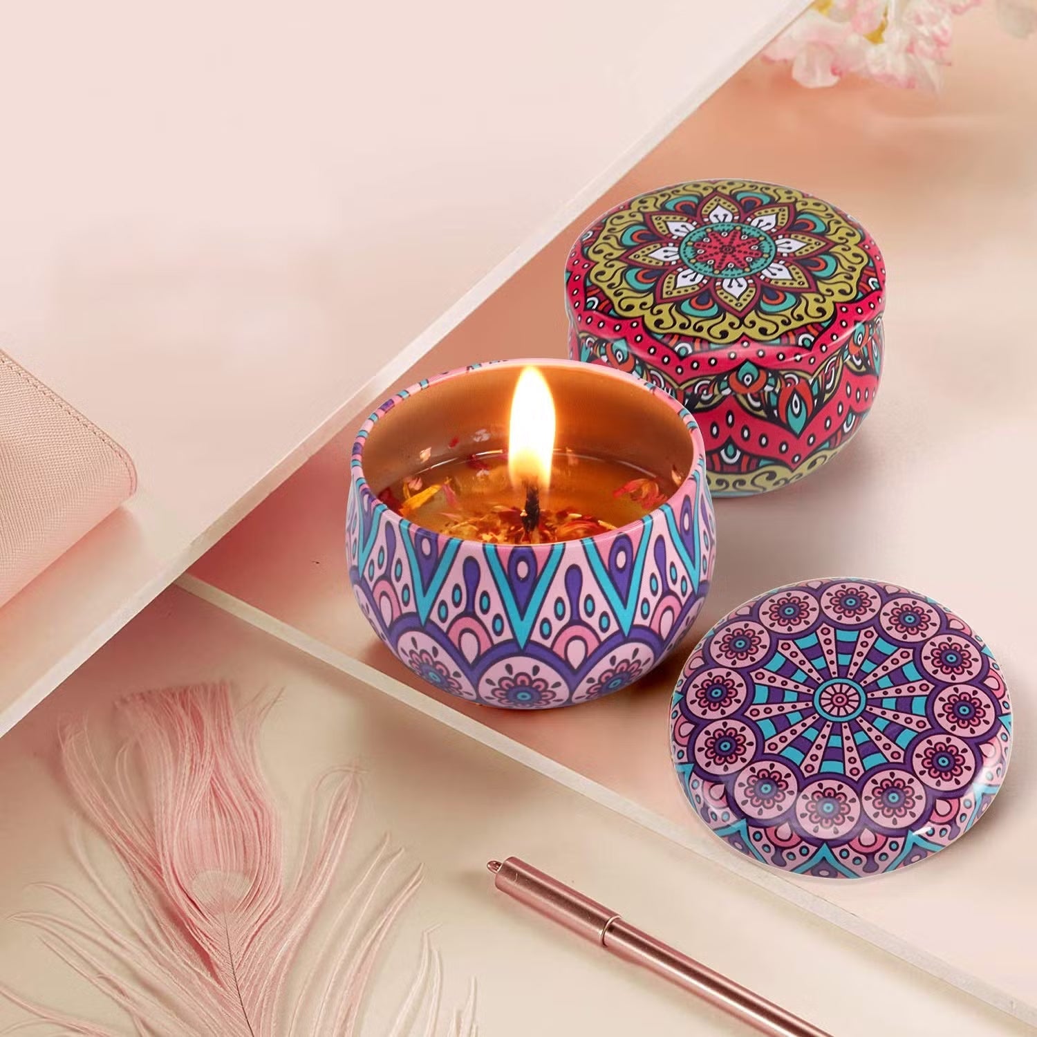Metal candle jar featuring colorful mandala art design