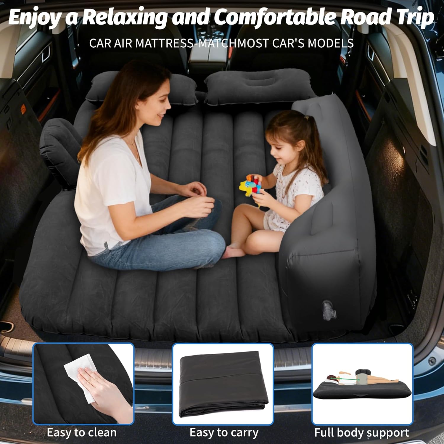 Travel inflatable air mattress designed for SUV boot and car back seat use