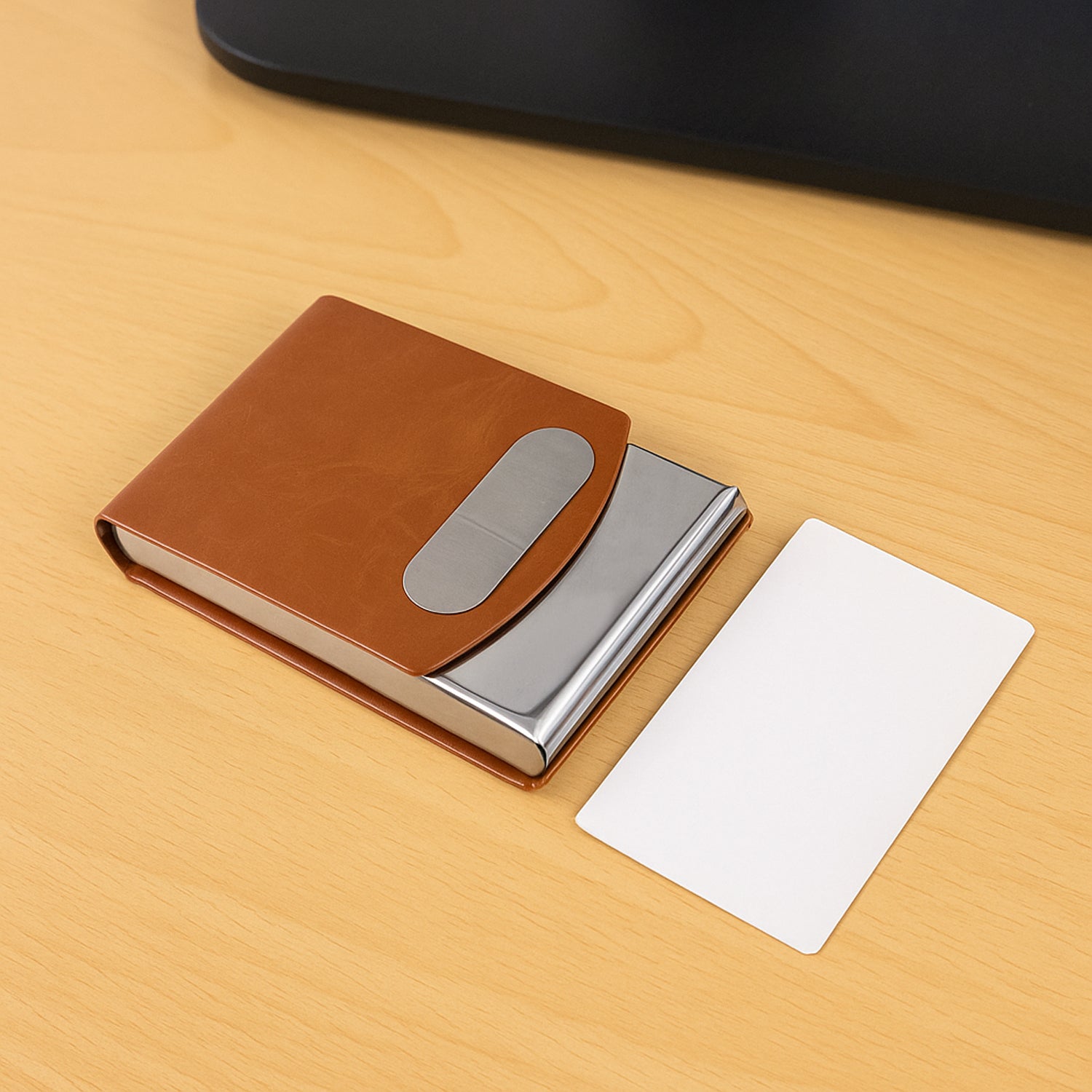 Front view of leather finish business card holder with stylish look
