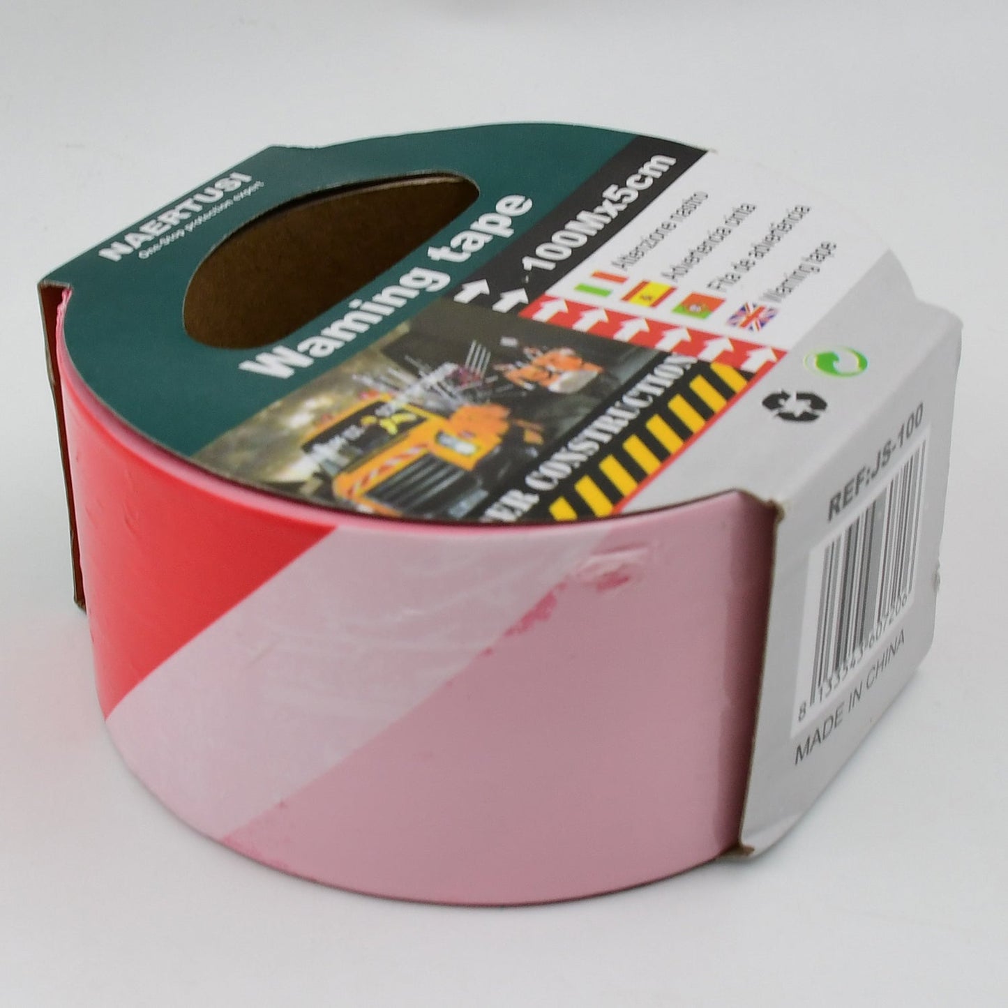 Red and white hazard warning tape unrolled on a surface.