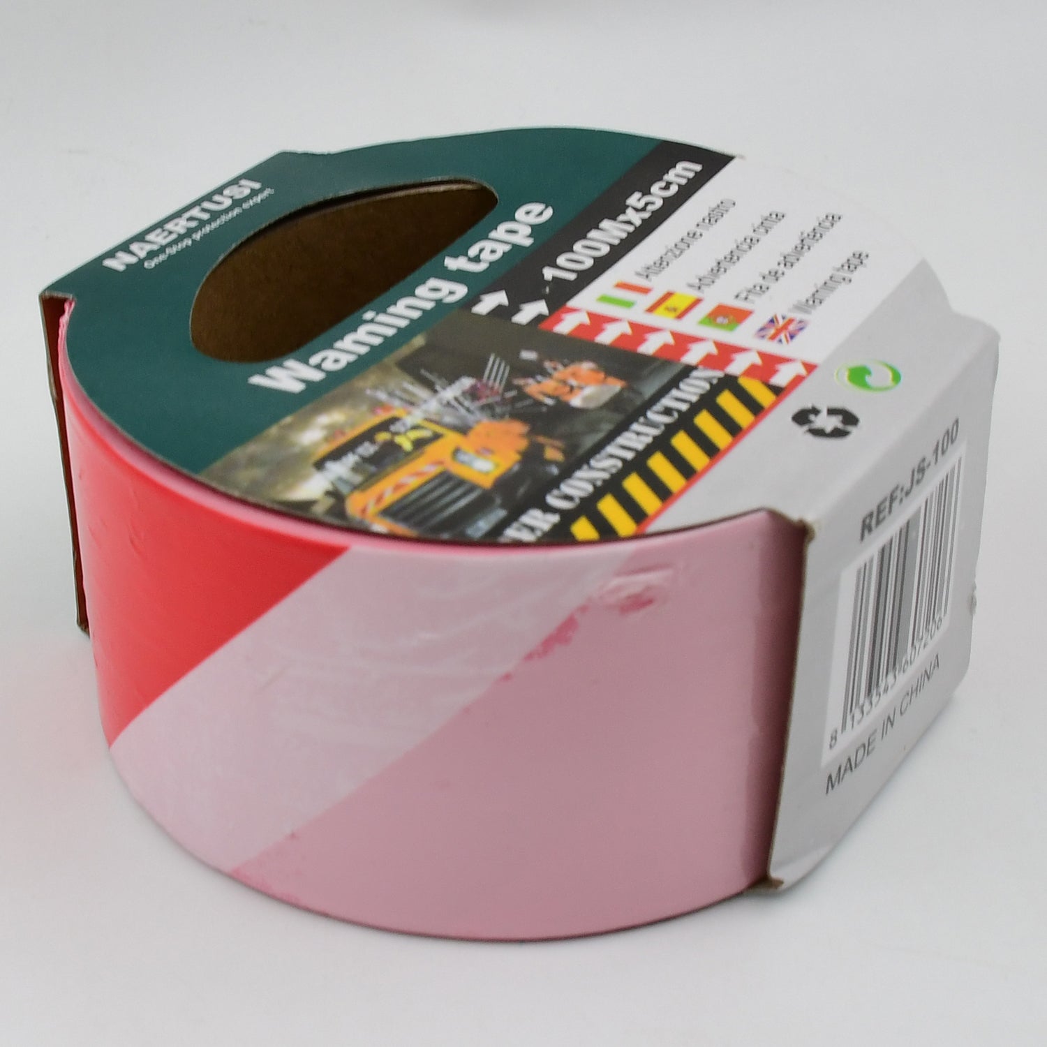 Red and white hazard warning tape unrolled on a surface.