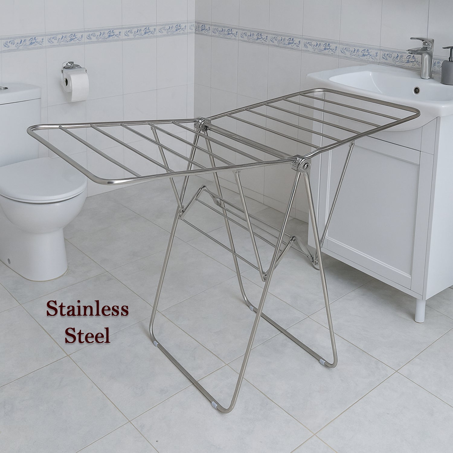 Stainless steel foldable cloth drying rack designed to hold large laundry loads securely