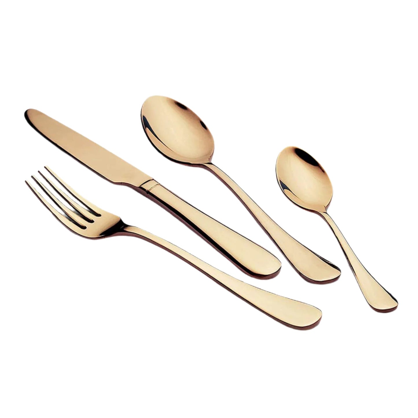 Detailed view of the shiny gold metallic finish on cutlery pieces.