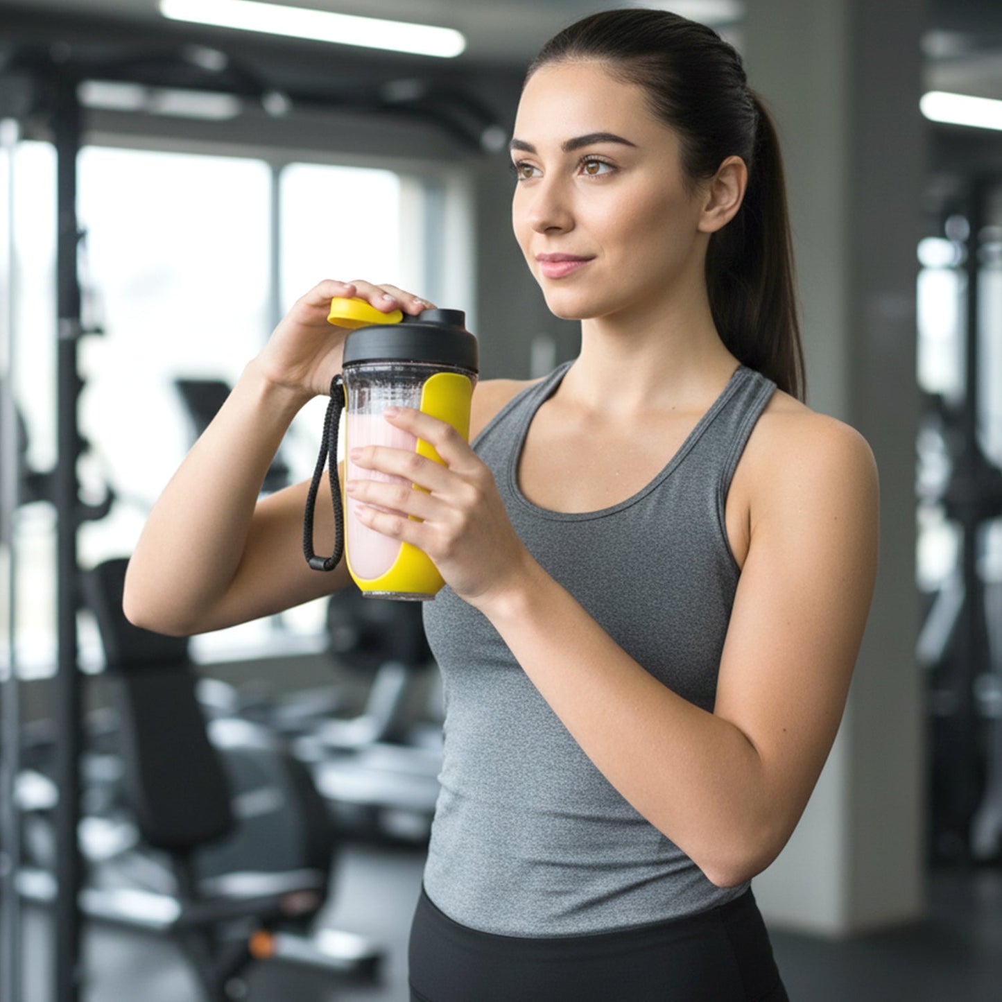Vibrant yellow gym water shaker bottle with handle for easy carrying