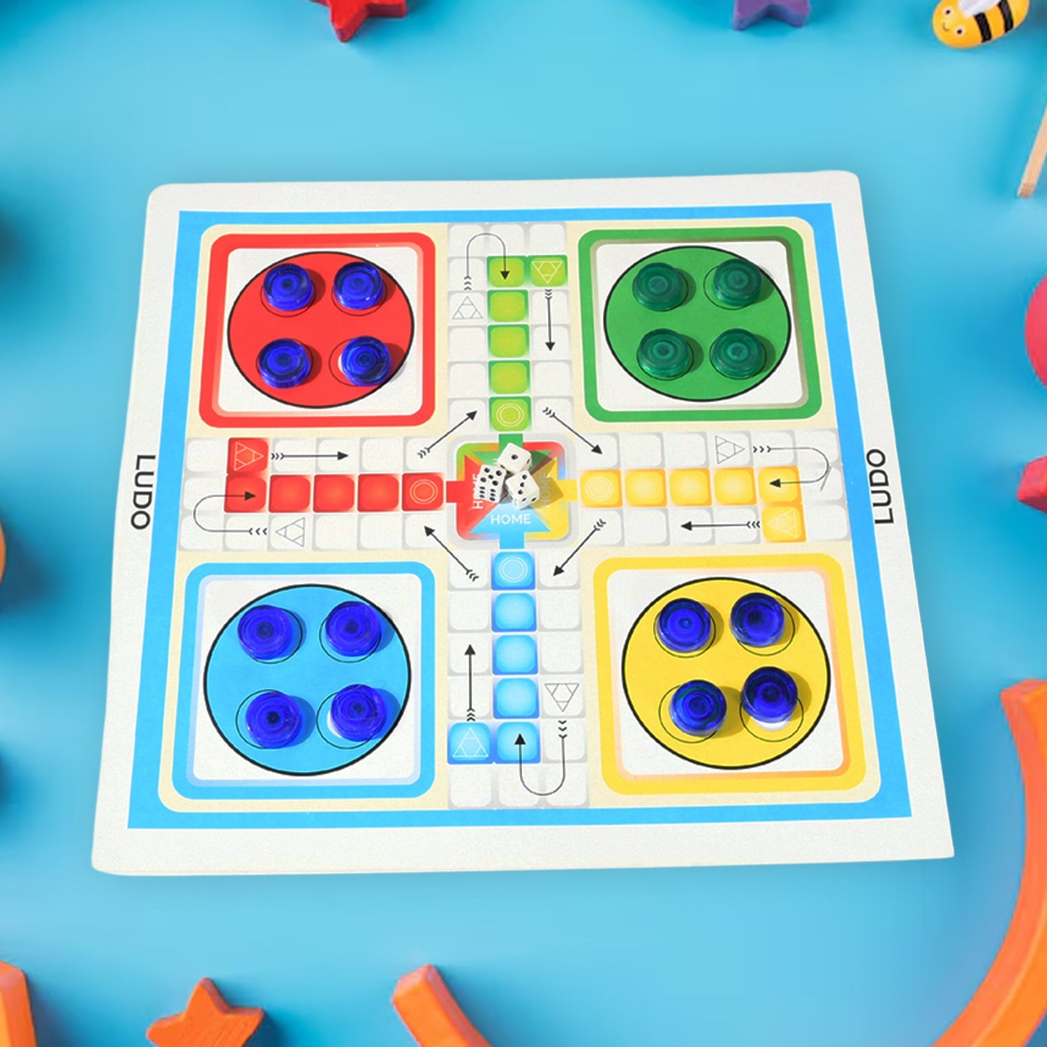 Detailed view of colourful dice and game accessories from the kids' board games collection.
