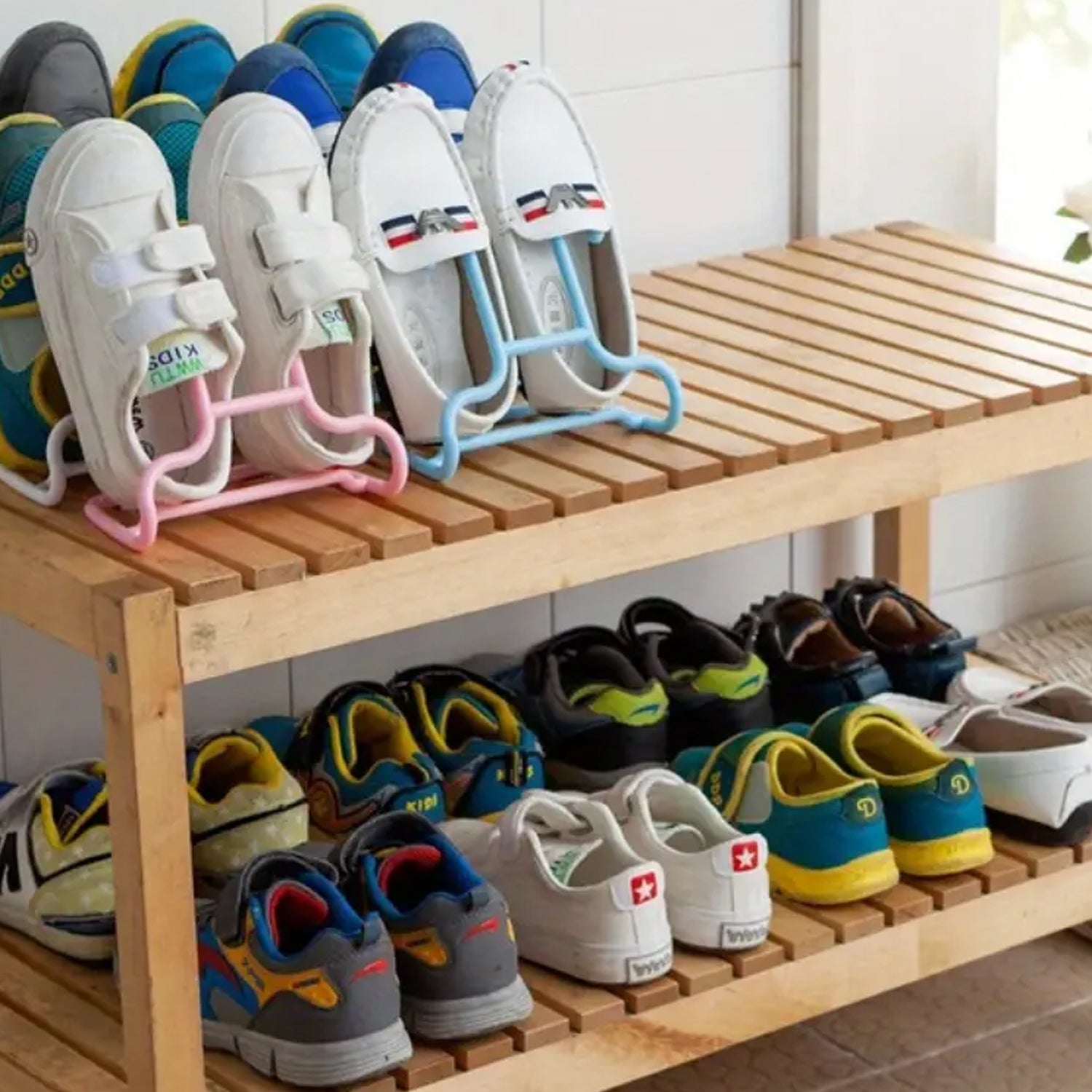 The Shoe Drying Rack in action, allowing air circulation for quick and effective shoe drying.