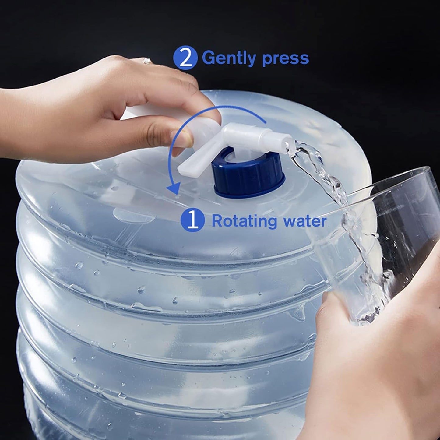 Collapsible water container being used outdoors, ideal for hydration during activities.