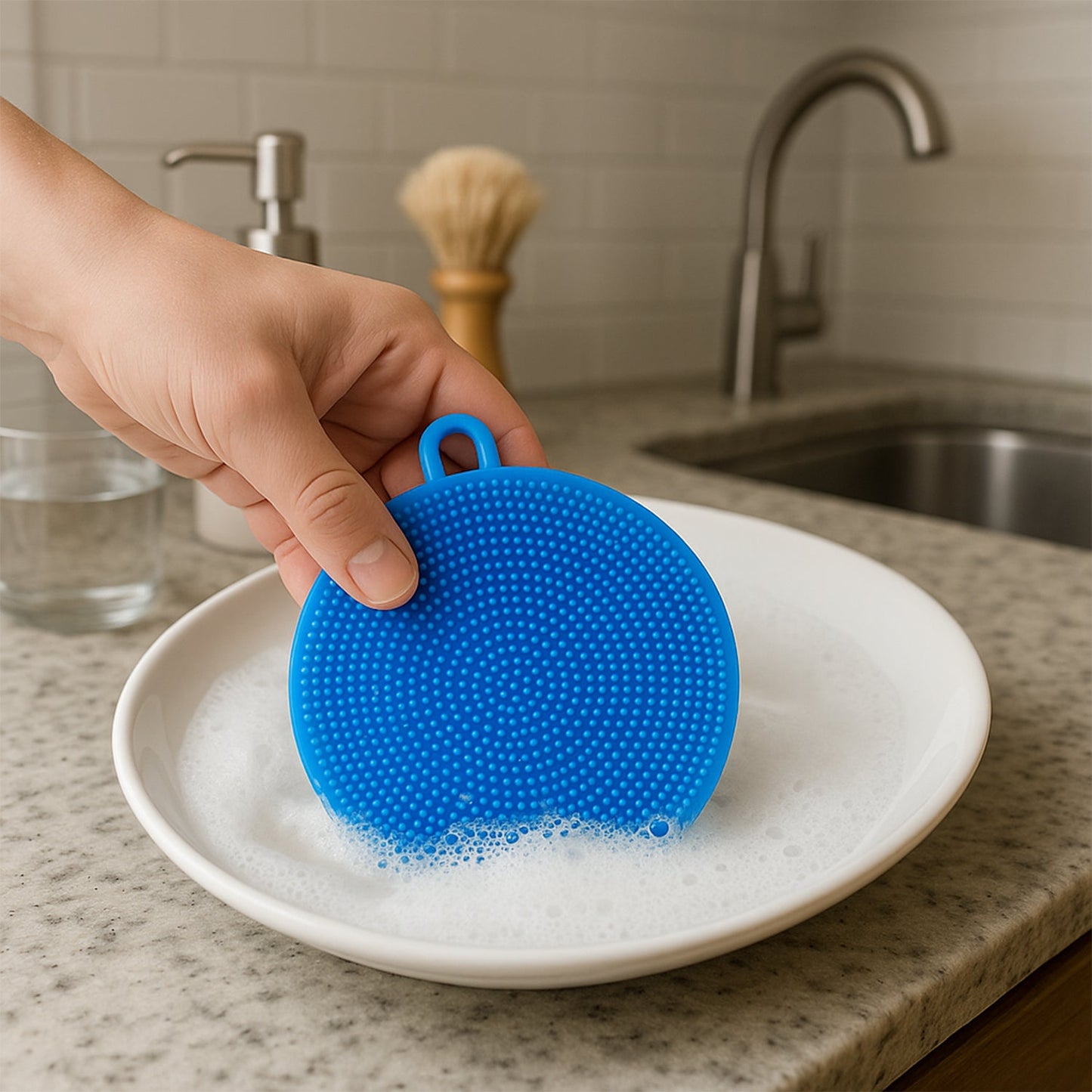 Top-down view of the ergonomic, circular silicone dish scrubber.