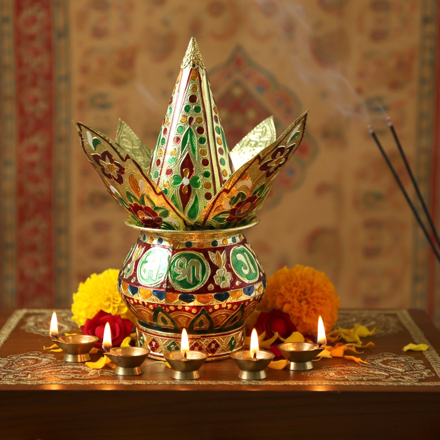 Pooja kalash showcasing intricate lotus crown pattern for religious ceremonies