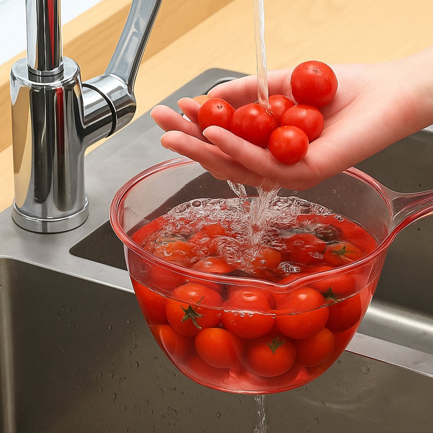 Side view showing easy-pour spout and drain slot on kitchen washing bowl