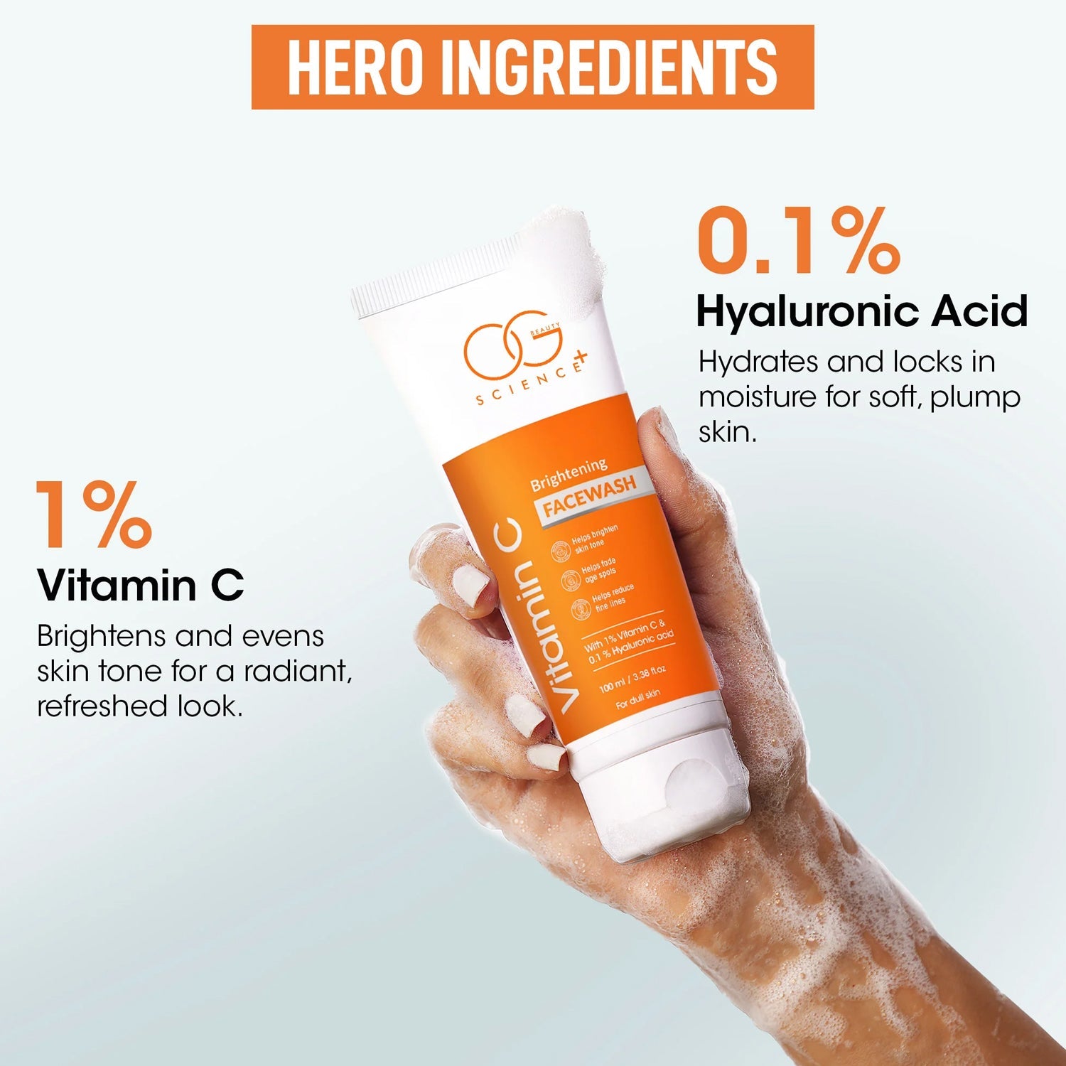 Application of OG Beauty Vitamin C facewash on skin showing smooth cleansing