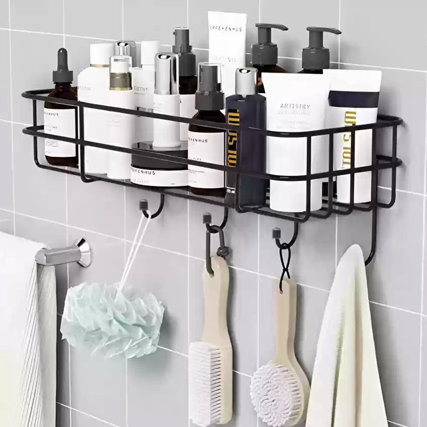 Close-up view of the iron frame of the shower shelf rack