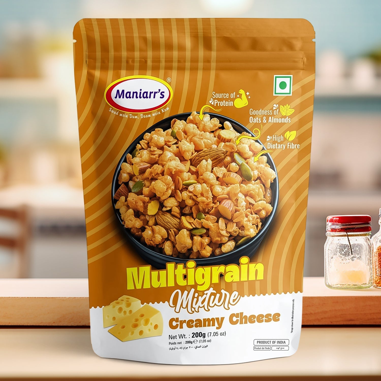 Close-up of crispy roasted multigrain mixture pieces coated in creamy cheese.