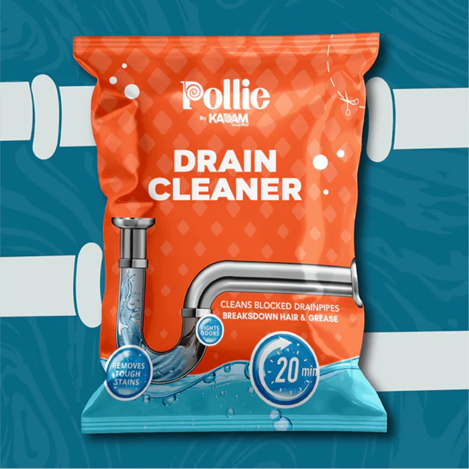 Drain cleaner sachet in use for unclogging kitchen sink drain