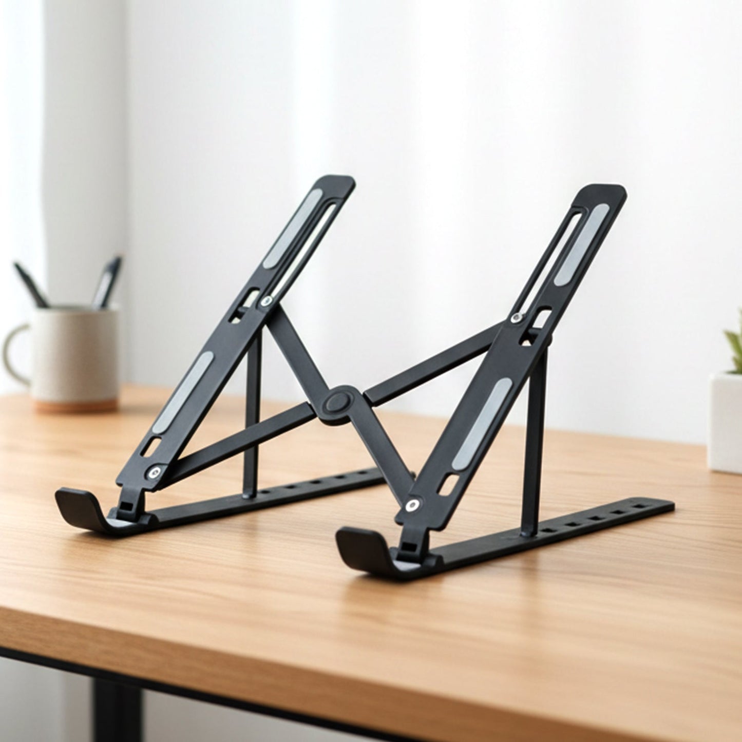 Ergonomic tablet holder supporting a tablet and an external keyboard for a complete workspace.