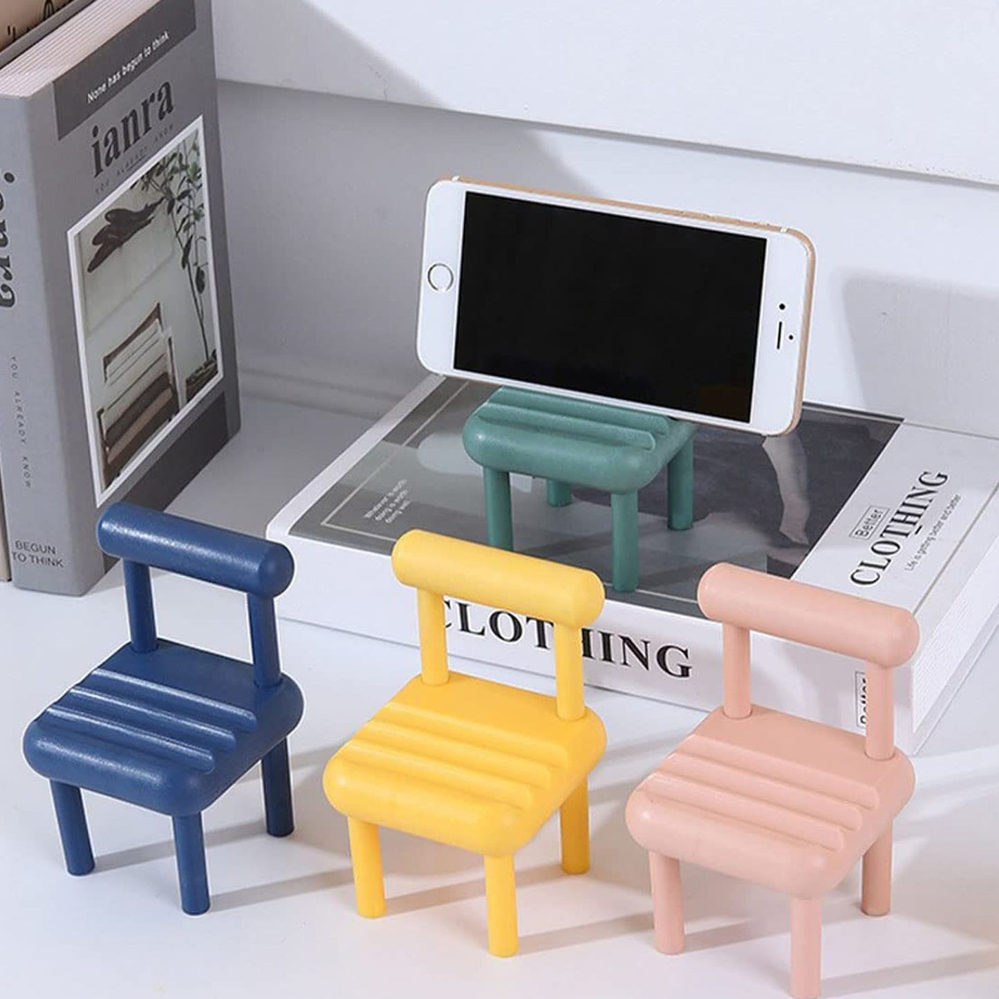 Detailed view of the Mini Chair Phone Stand's construction and ergonomic design.