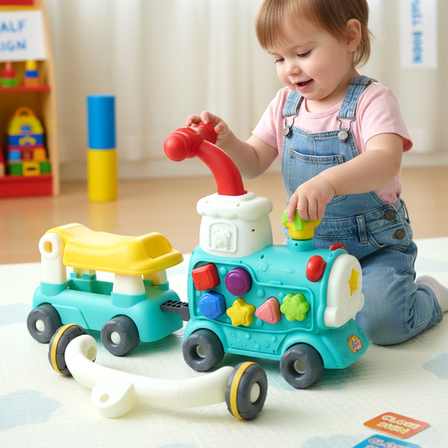 Toddler train walker with activity panel and wheels
