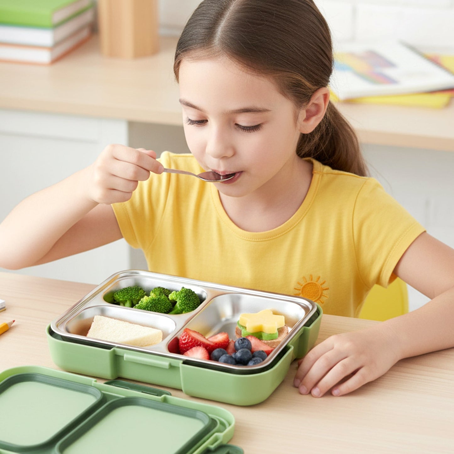 Reusable steel lunch container with secure lock for food safety