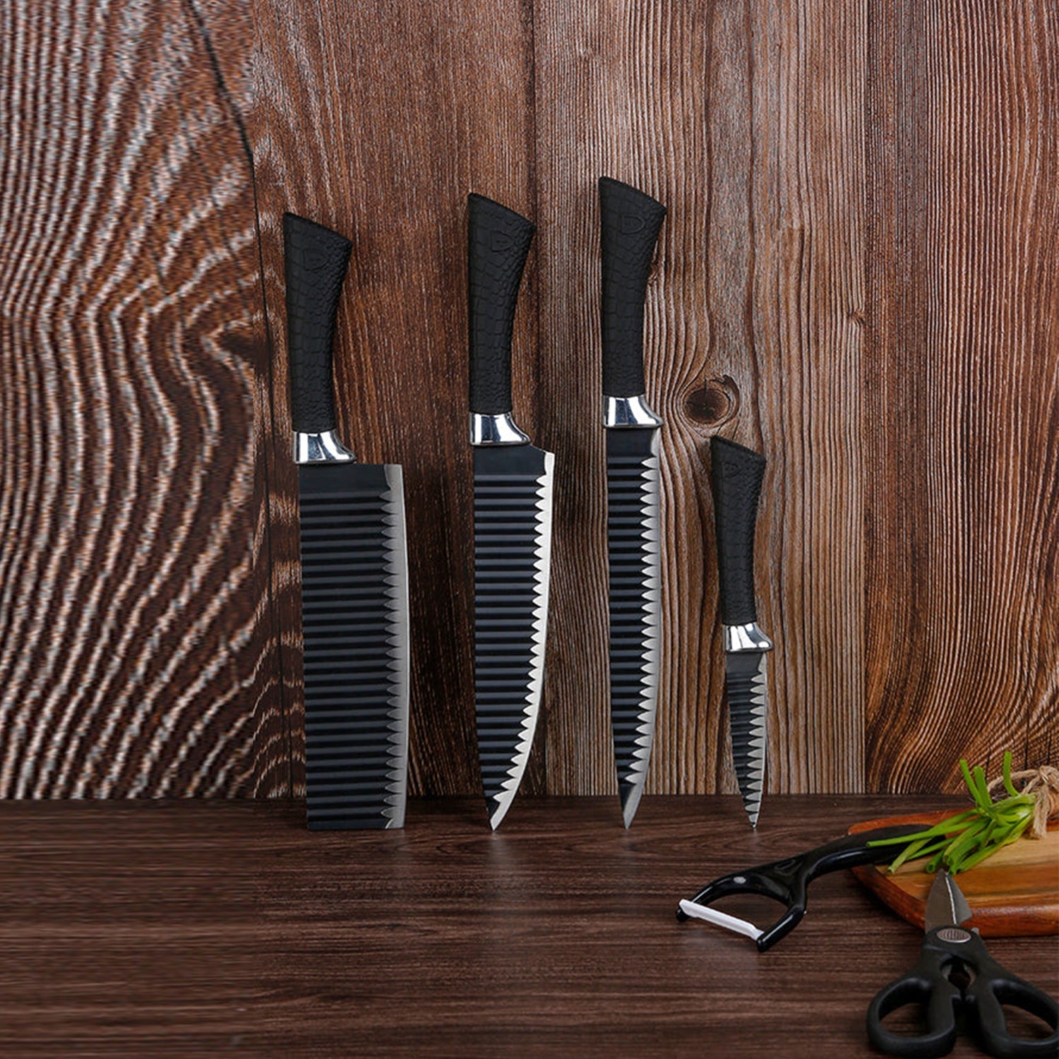 Complete 6-piece stainless steel knife set with chef's knife and peeler.