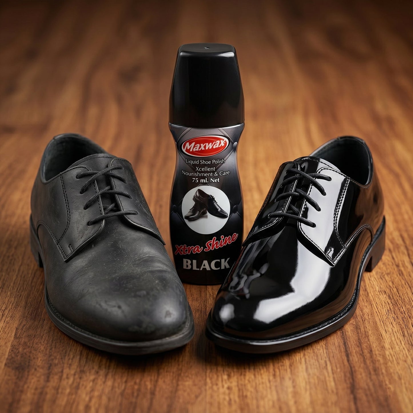 Durable black shoe polish in a compact 75 ML bottle suitable for travel
