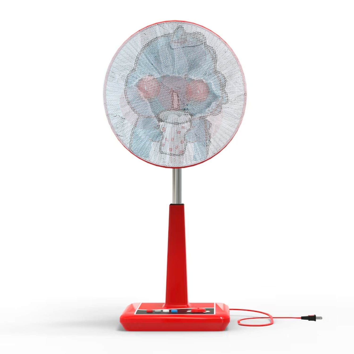 Close-up of mesh fan cover with cute cartoon print