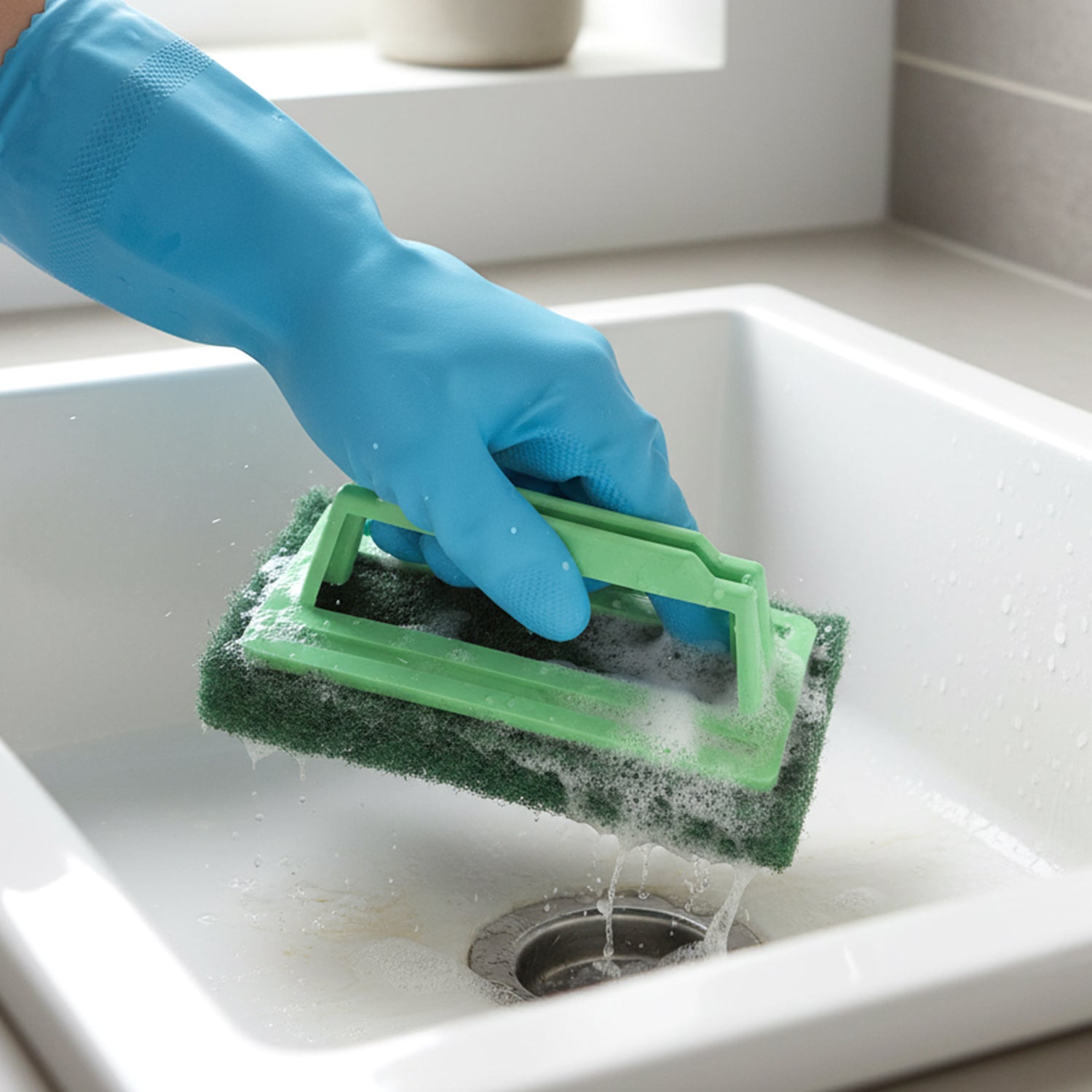 Close-up of the durable nylon bristles and powerful sponge on the Tile Cleaning Scrubber Brush.