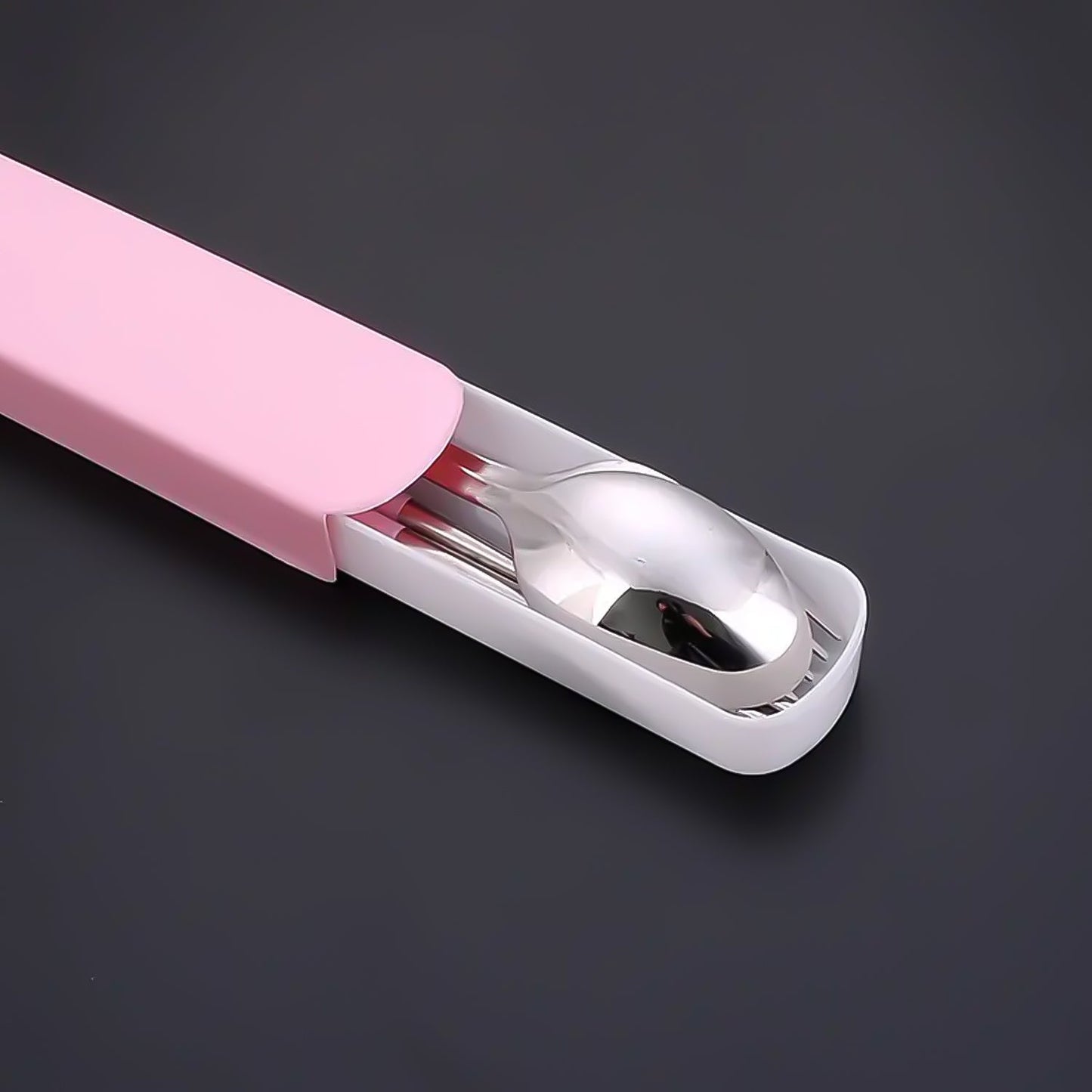 Portable stainless steel cutlery set in black carrying case ready for travel