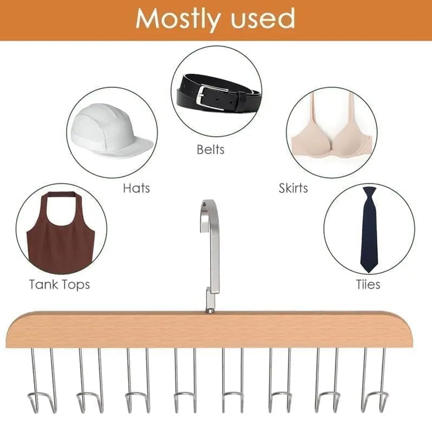 Close-up of the premium lotus wood and 8 stainless steel hooks on the Organivo space saving hanger.