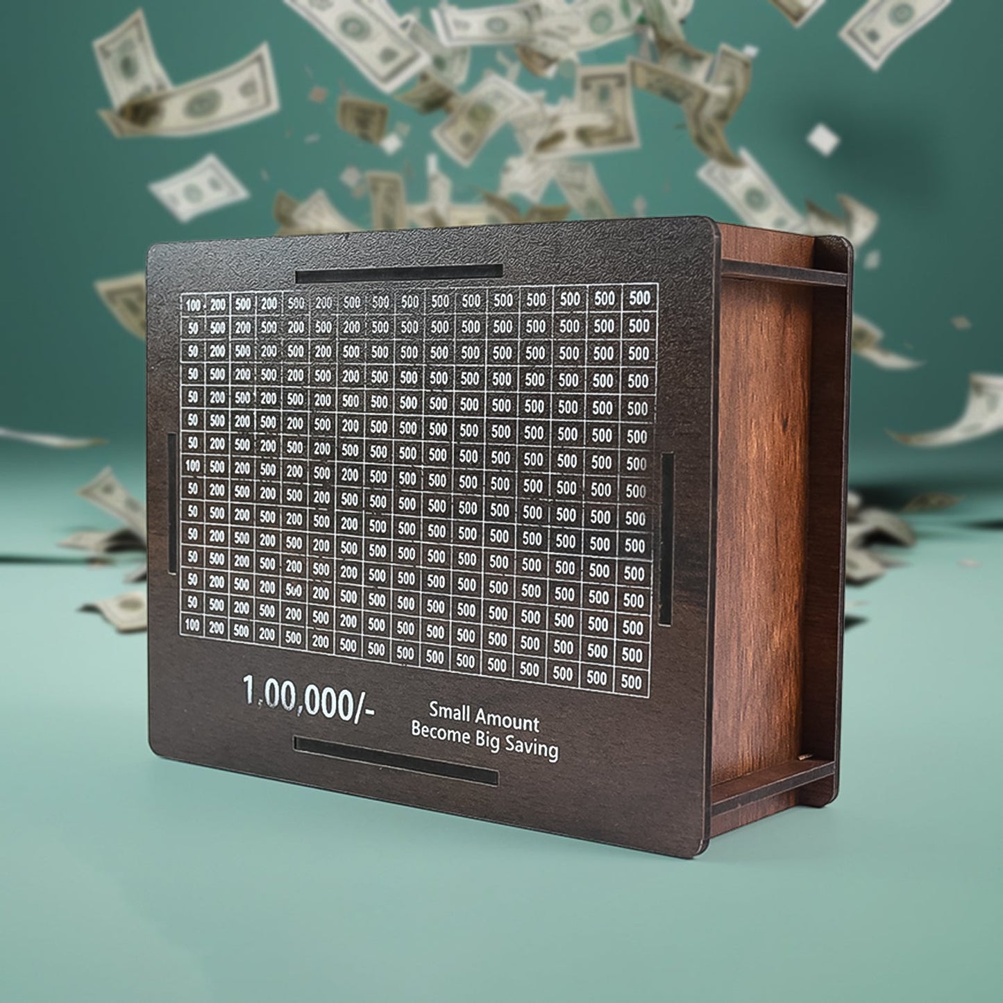 Wooden coin bank featuring a top coin slot and decorative Emoji Pan