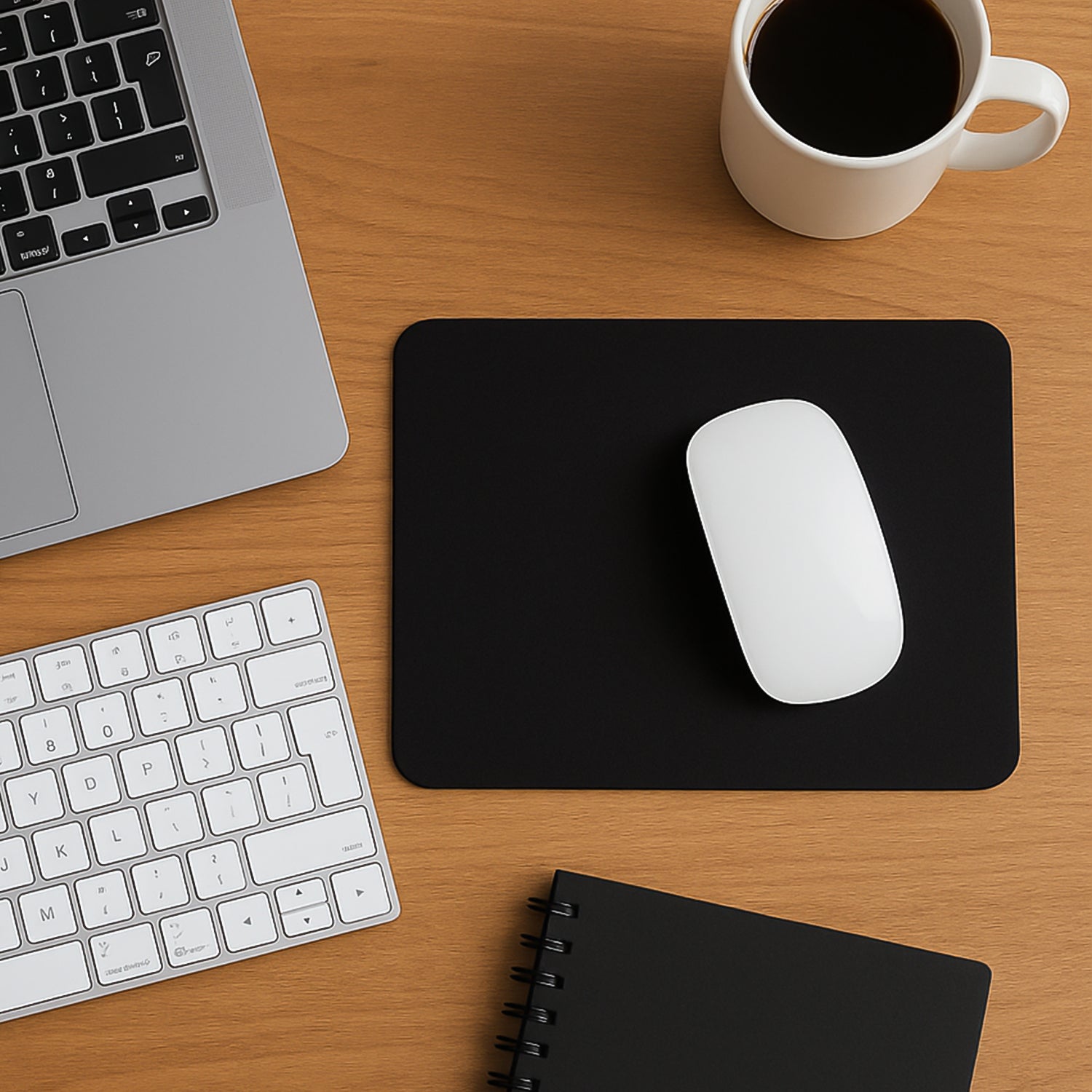 Angled view of the plain black mouse pad on a desk.