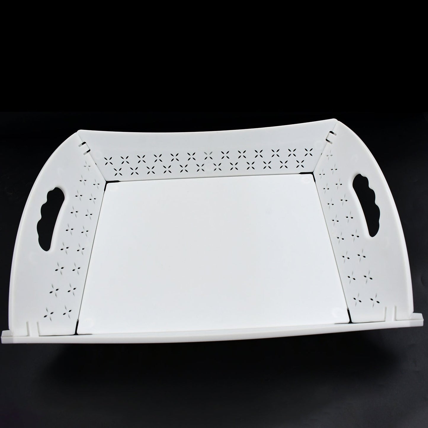 Foldable serving tray ready for use in a kitchen setting, perfect for everyday meals or outdoor gatherings.