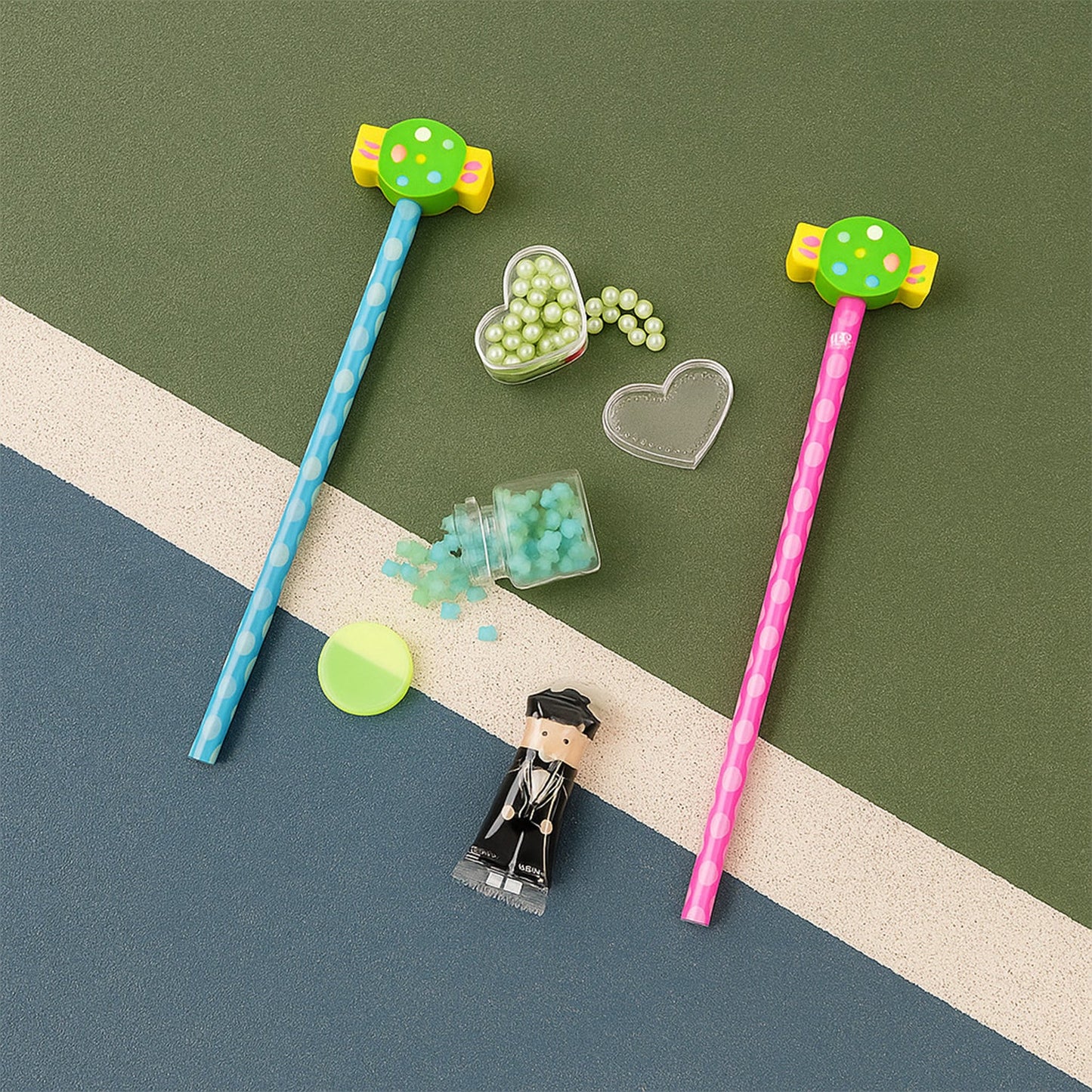 Child-friendly candy-themed pencil and eraser set with accessories