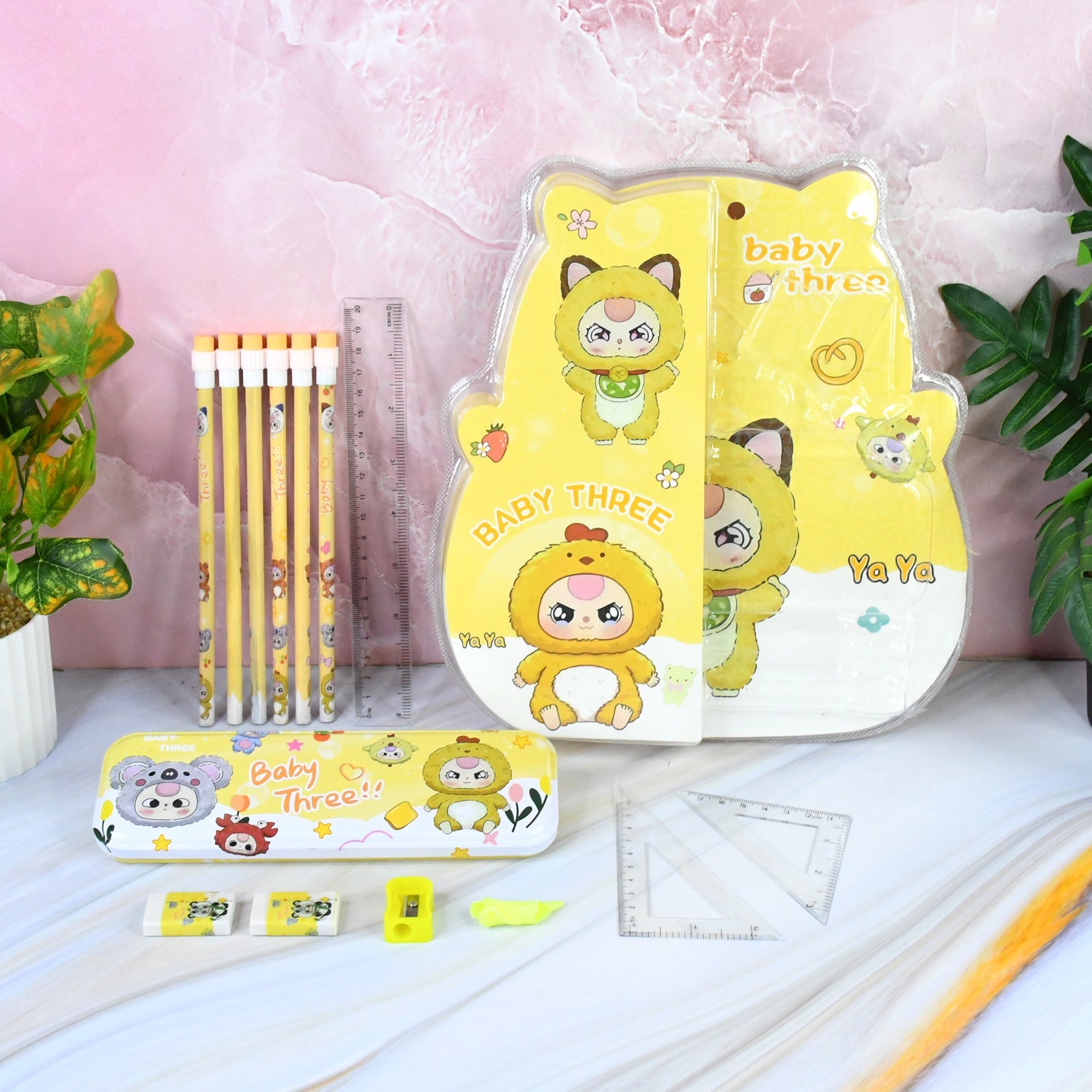 Cartoon printed metal pencil box storing geometry stationery tools