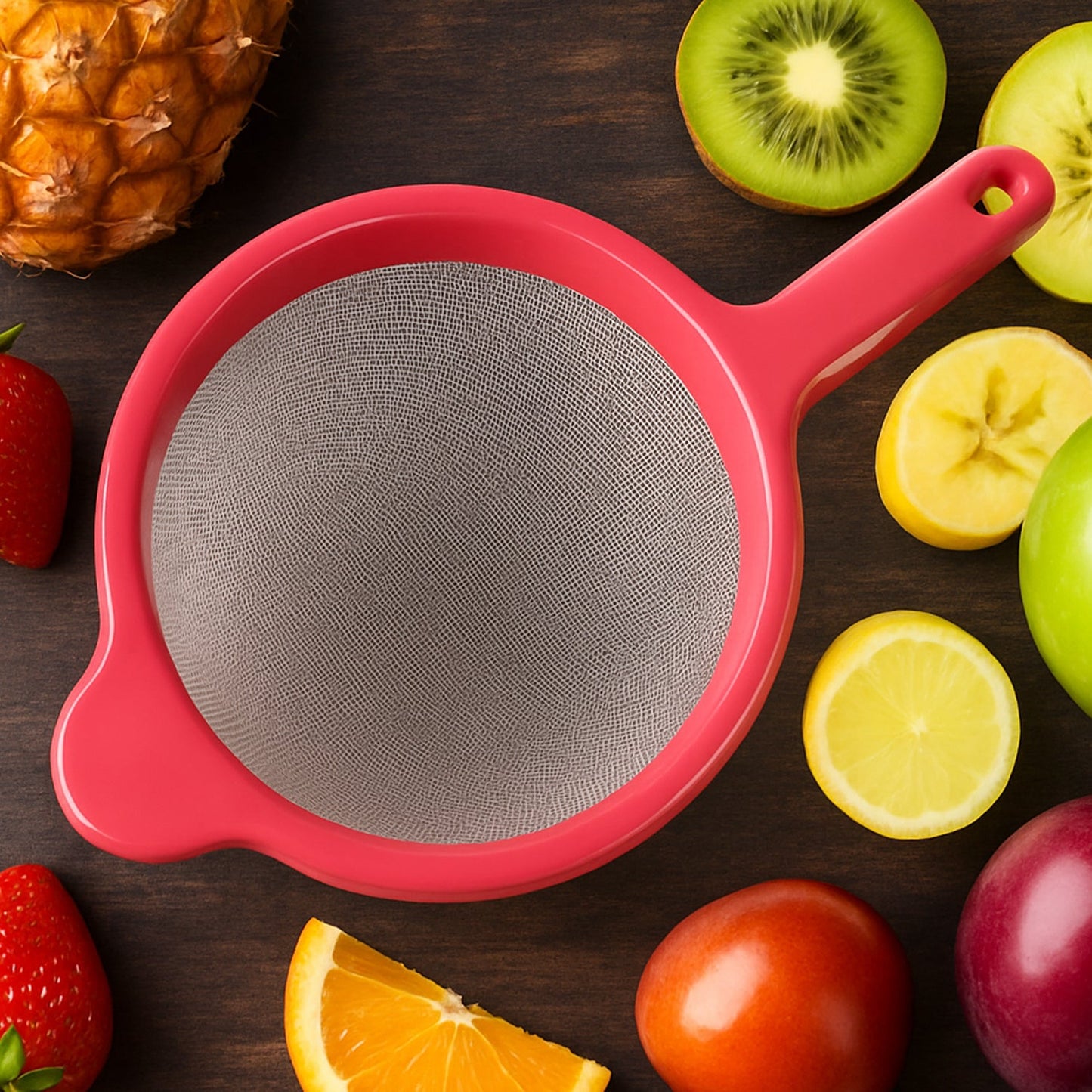 Kitchen pulpy juice strainer with plastic frame and fine mesh