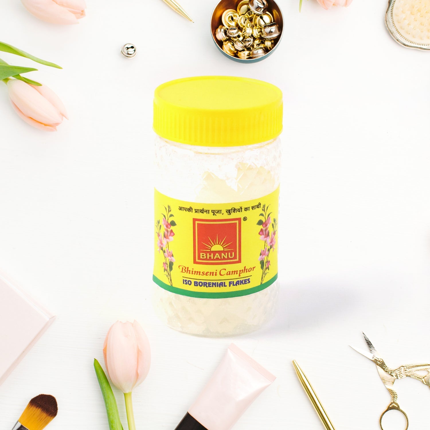 Pure Bhimseni Camphor flakes packed in a secure jar