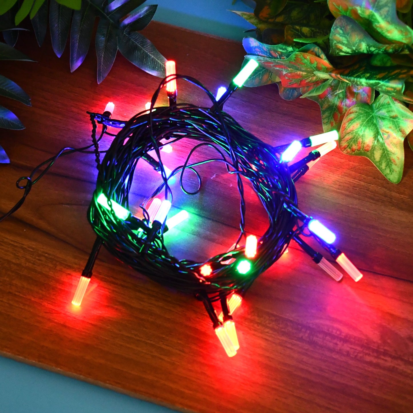 Unlit decorative LED string lights showcasing multi-color bulbs and wiring