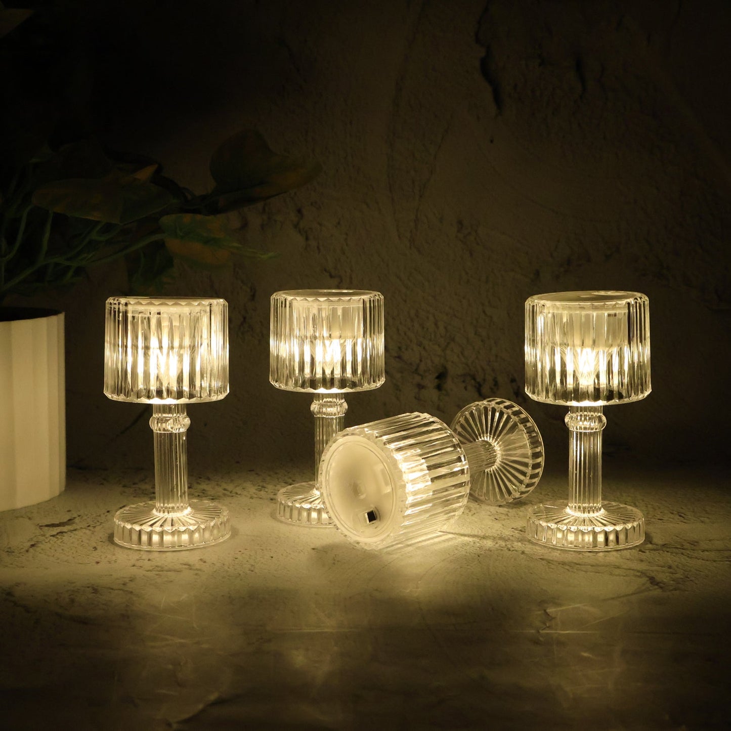 Close-up of ribbed crystal-effect LED table lamp set of 4
