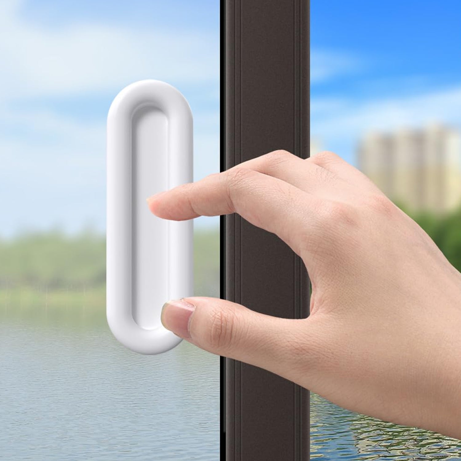 Close up of ergonomic self stick push pull helper installed on flat surface