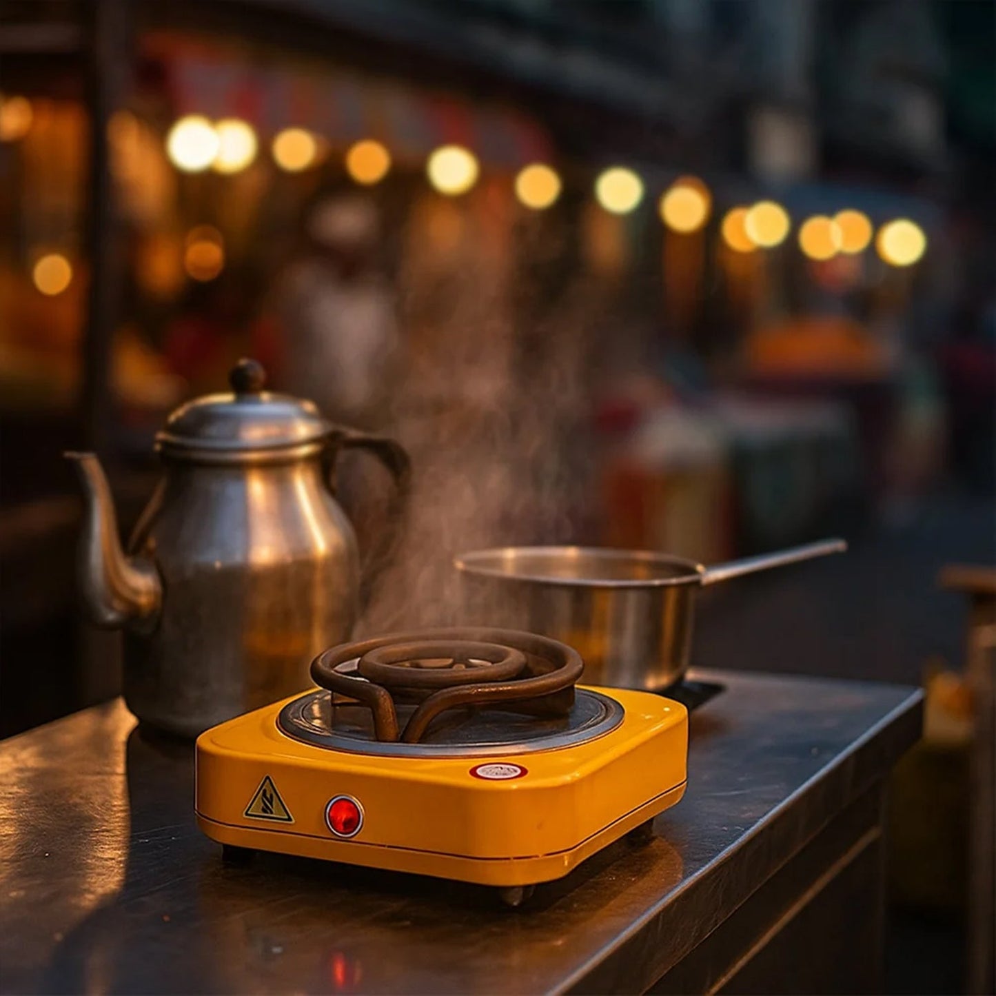 Side view of electric single coil hot plate showing heat resistant surface