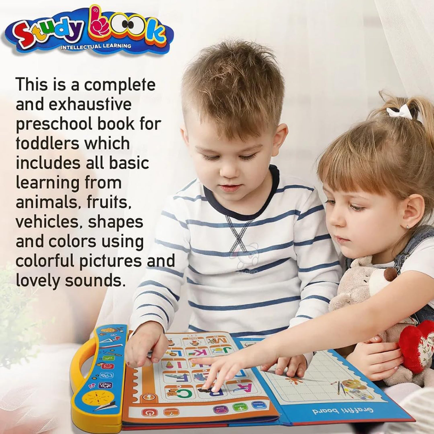 Side view of the musical learning book, highlighting its touch buttons and sturdy design.