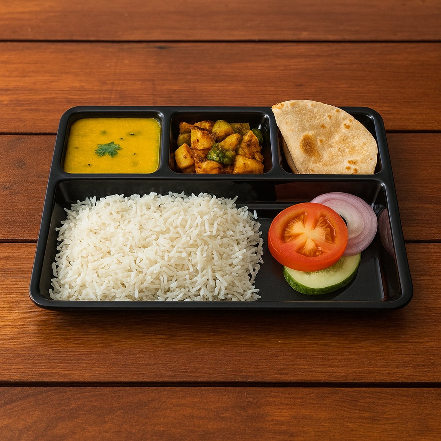 Durable plastic 4-compartment meal tray for portion control and organized dining.