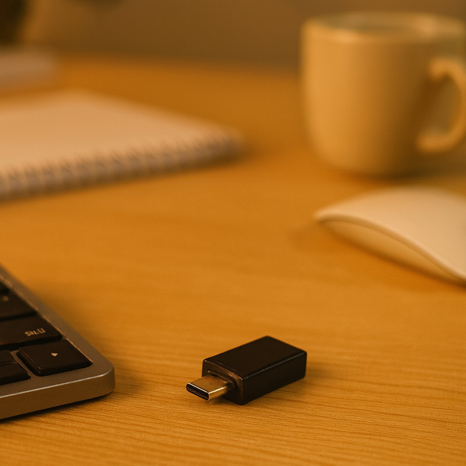 USB OTG adapter plugged into a tablet, demonstrating its plug-and-play functionality.